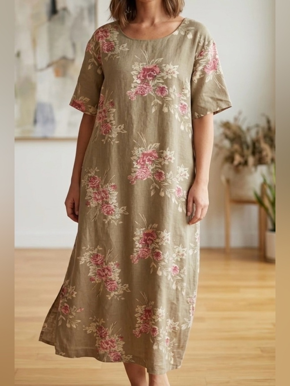 VTG 90s Adolfo Studio Linen Blend Floral Maxi Dress 24W